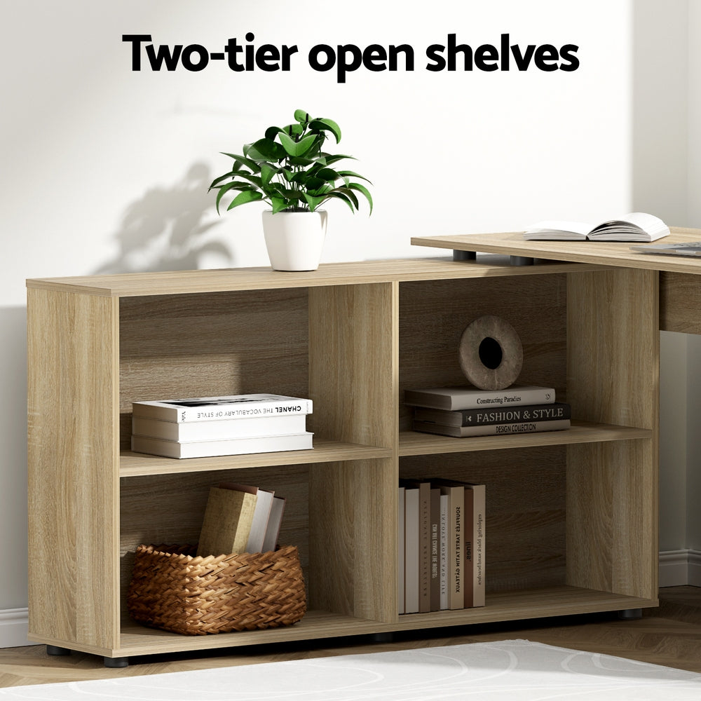 Artiss Apex Corner Desk | Oak L-Shaped Workstation with Bookshelf