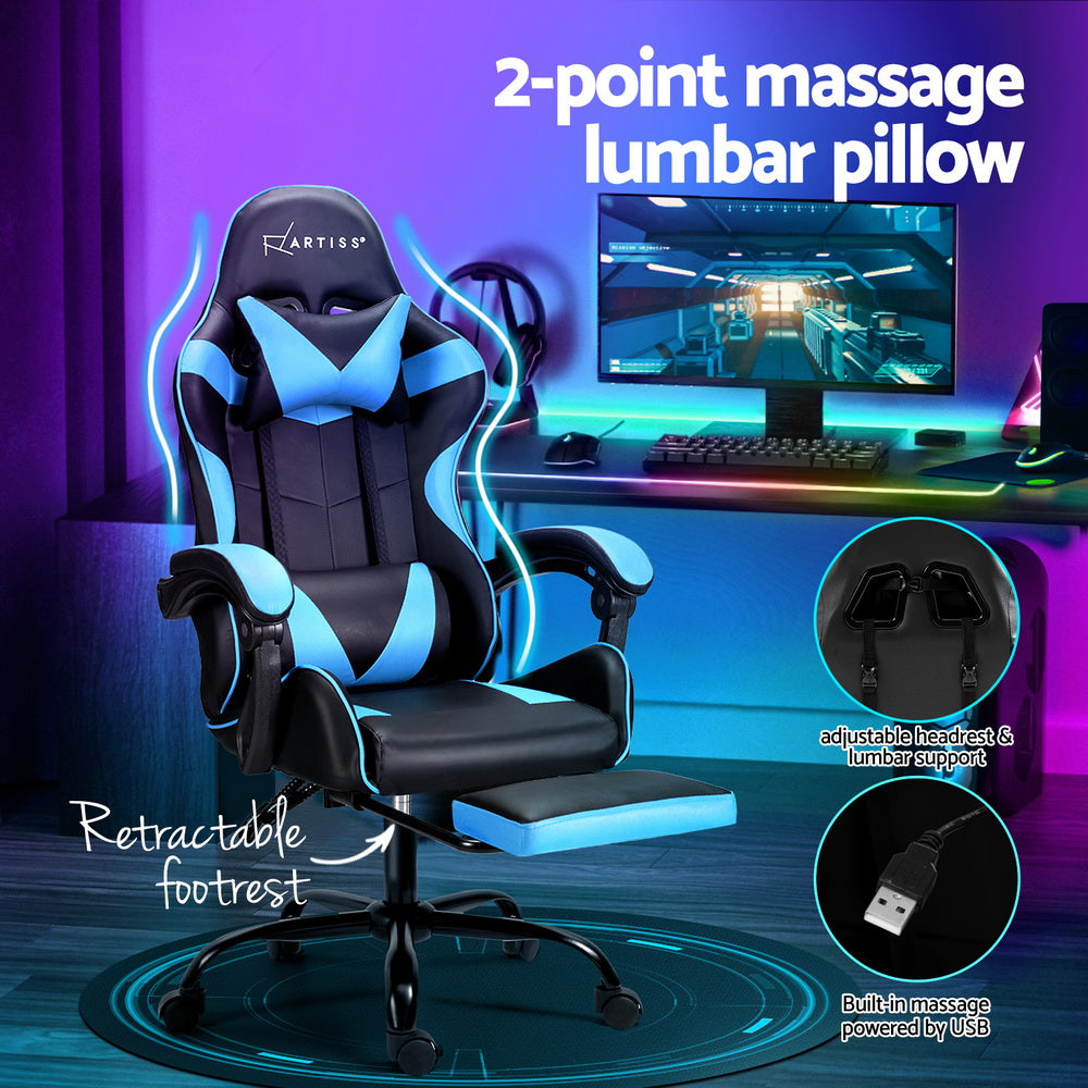 Vortex Light Blue Ergonomics Massage Gaming Chair with Footrest